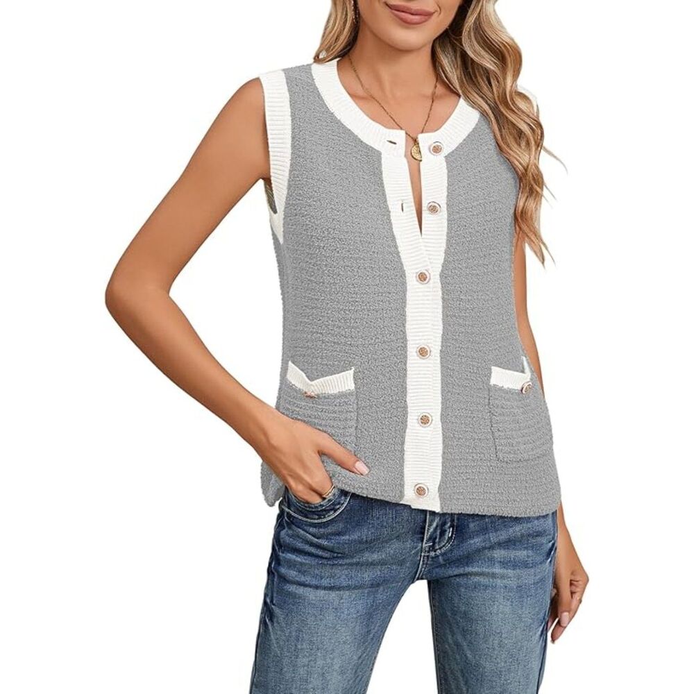 Pink Queen Sleeveless Knit Crewneck Button Down Tank sweater, 9K-135T002